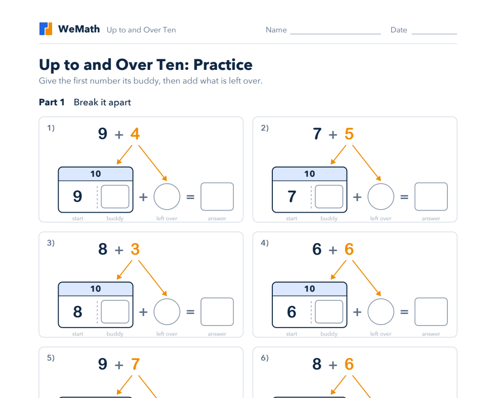 A page from the Up to and Over Ten packet showing 8 + 5 broken apart: 8 needs 2 to make 10, and 3 is left over, so 13.